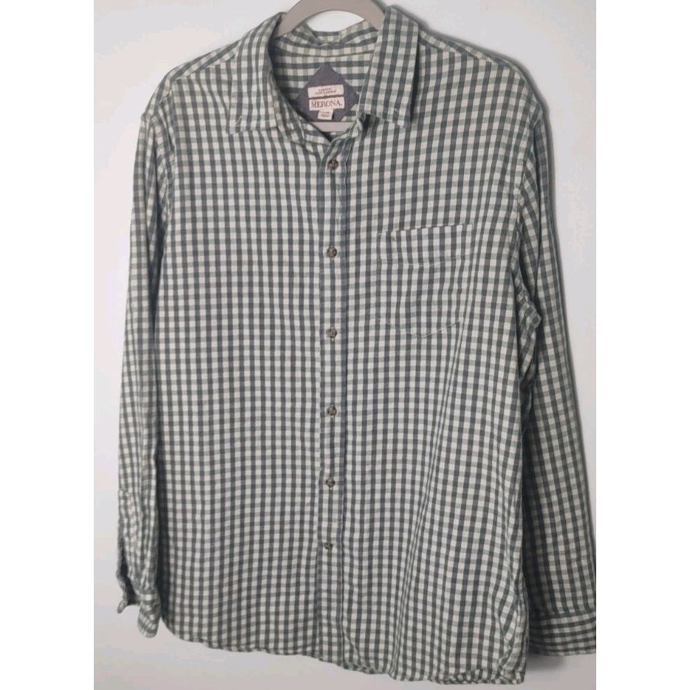 Hiking Flannel Shirt Mens SZ L Green Grid‎ Check Plaid Classic Fit Casual Button